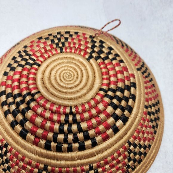 Set of 2 Woven Wall Baskets Black White Spiral & Tan Red Black Geometric Bowls - Picture 7 of 7